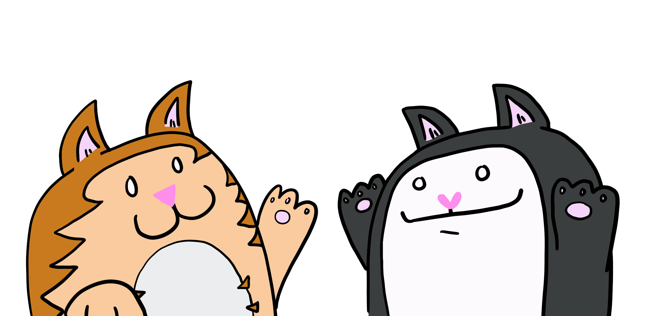Pumpkin and Tootsie, two cartoon cats, waving.