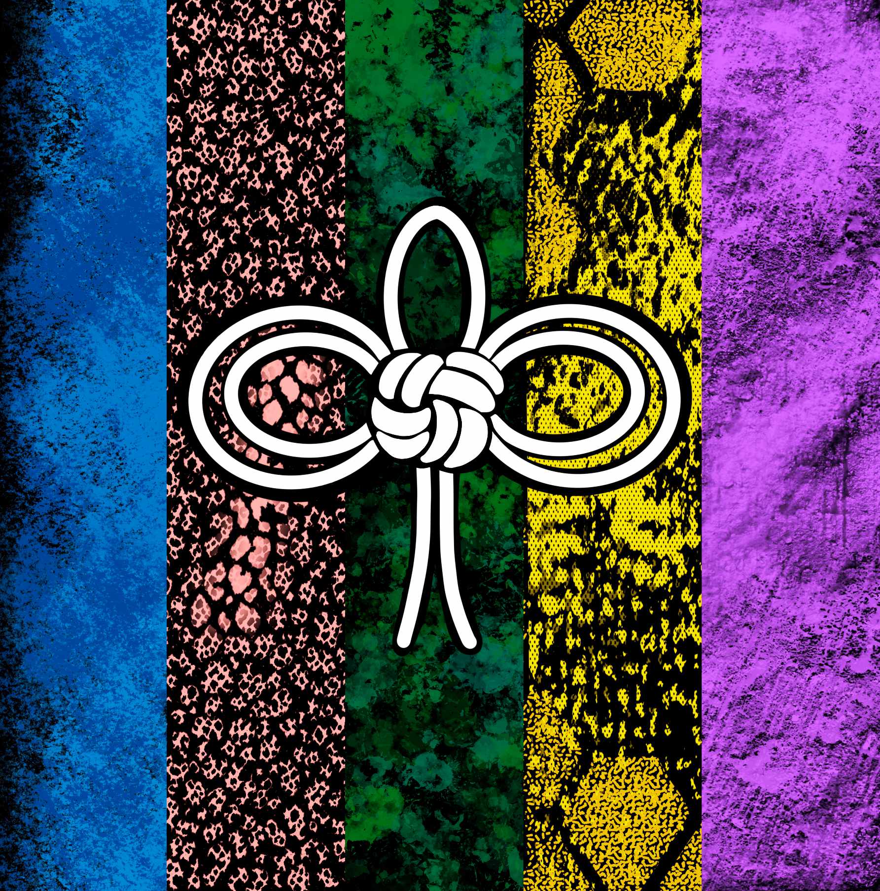 The Omikoo knot, a white looped bow, over stripes of blue, pink, green, yellow and purple texture.