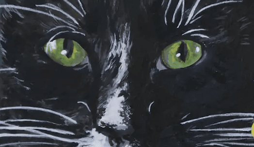 A painted portrait of a black and white cat with green eyes, close up.