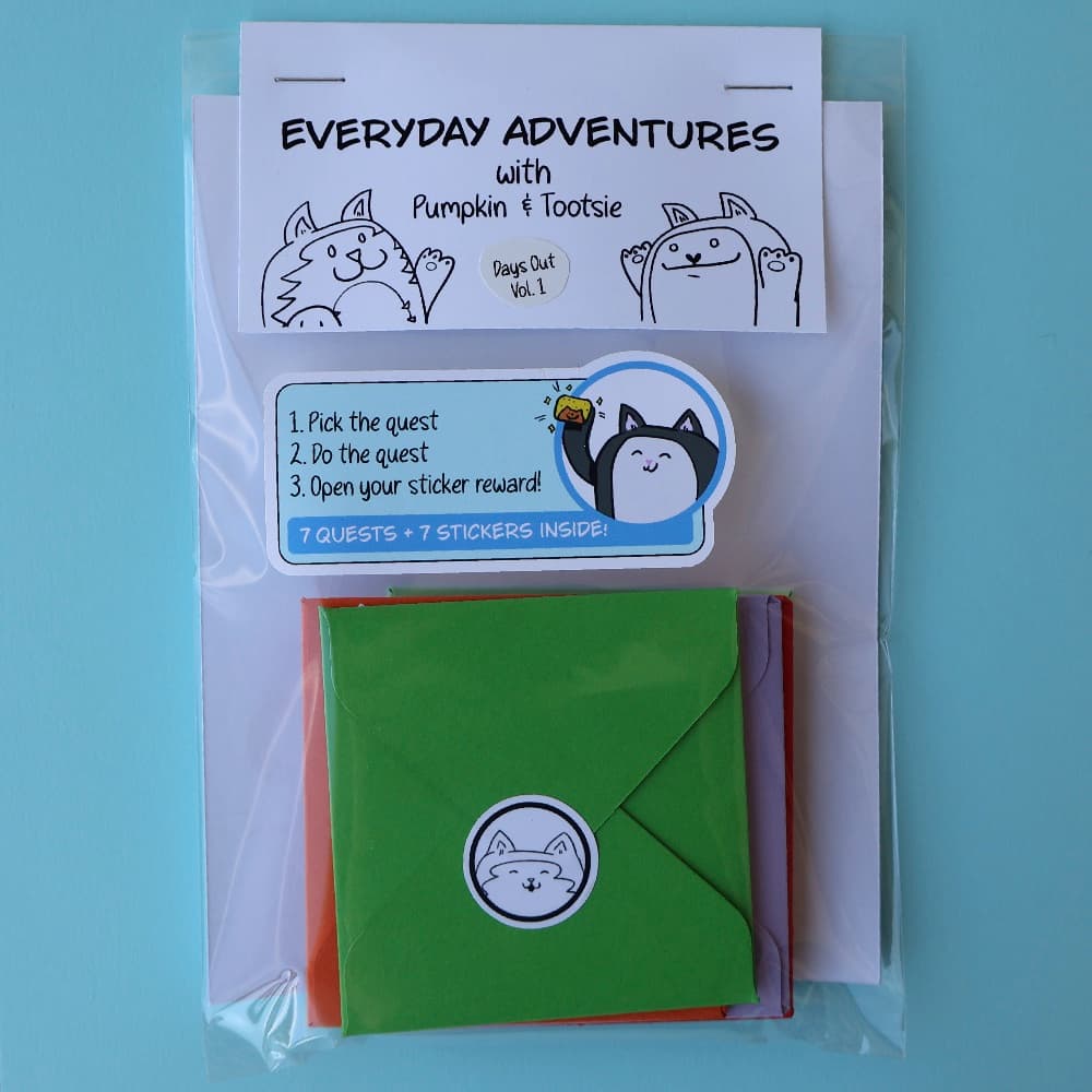 The Quest Pack, with its printed quest card and mystery souvenir stickers